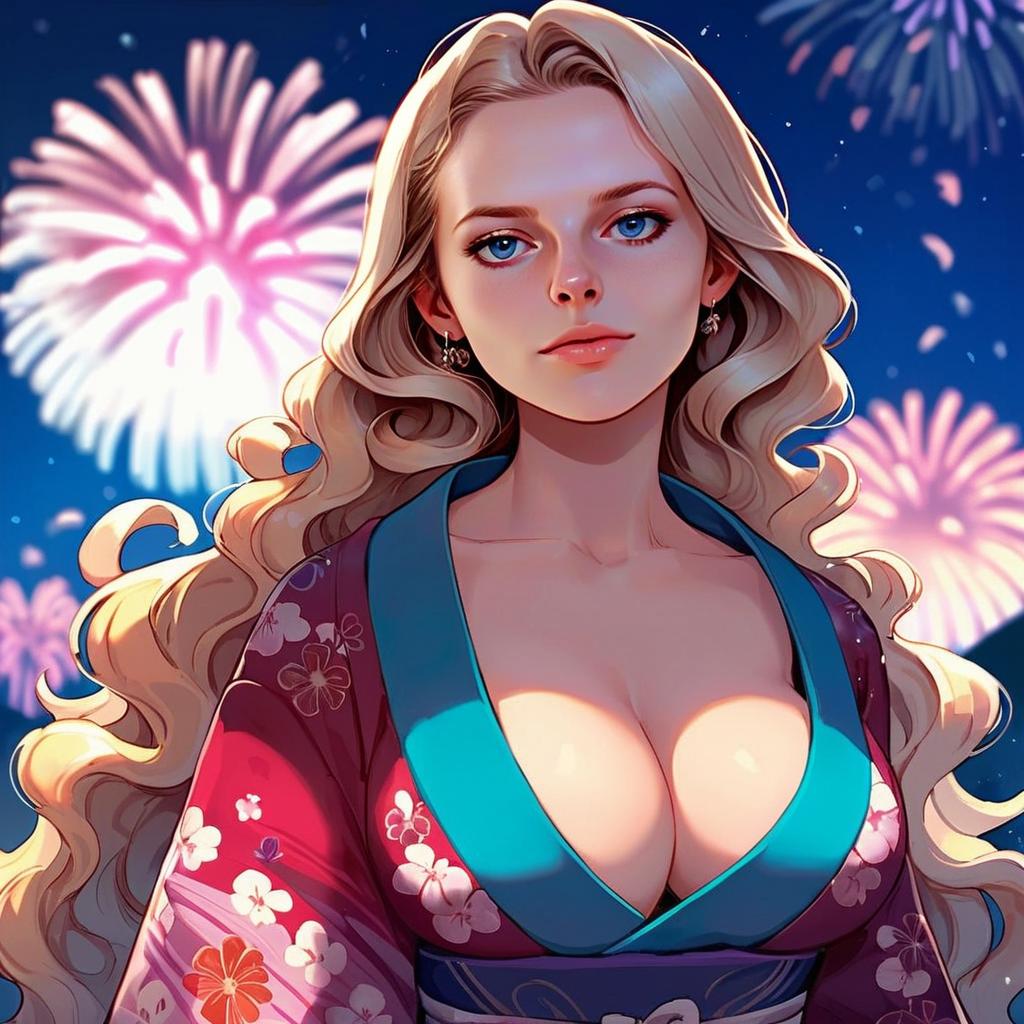 Blonde Woman in Floral Kimono with Fireworks Blonde Woman in Floral Kimono with Fireworks