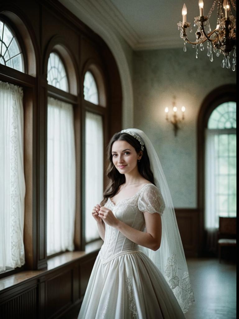 Elegant Woman in Vintage Bridal Gown with Classic Interior