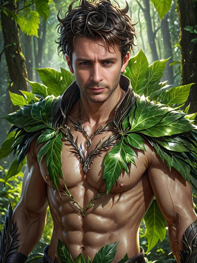 Muscular Man in Leaf Costume in Lush Forest