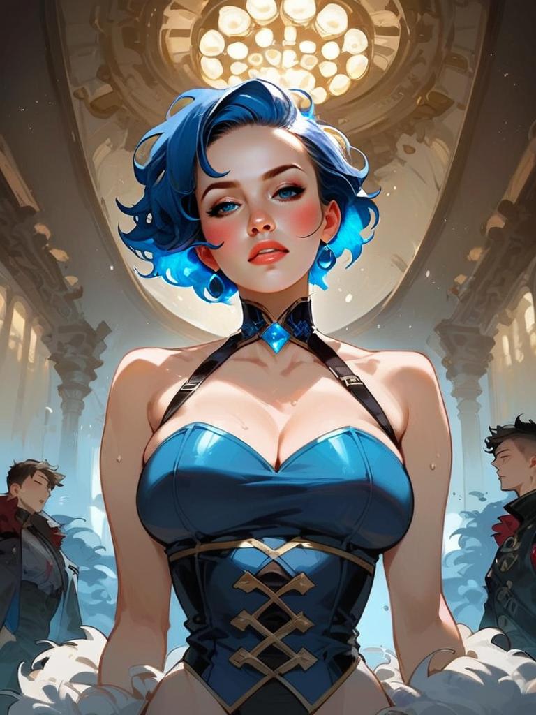 Anime Style Woman with Blue Hair in Fantasy Gothic Setting Digital Artwork