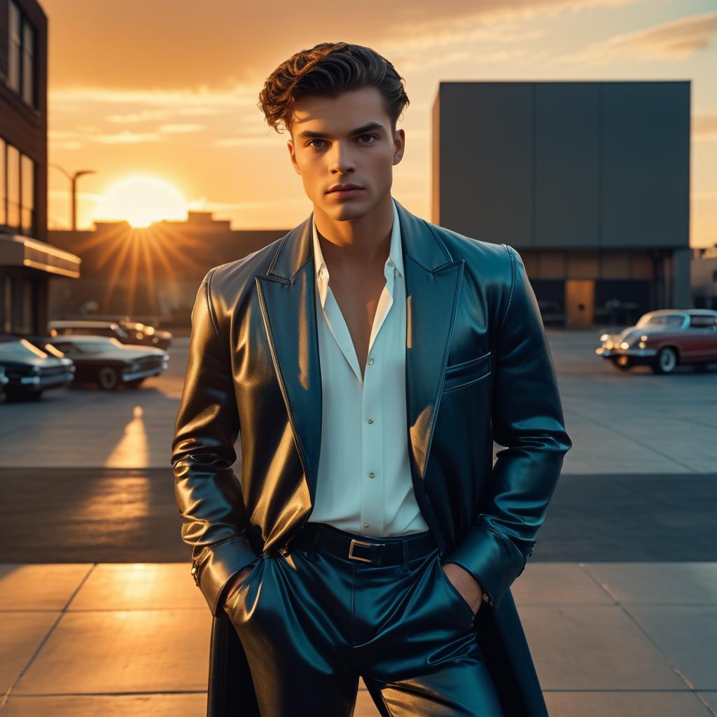 Confident Young Man Against Sunset with Vintage Cars