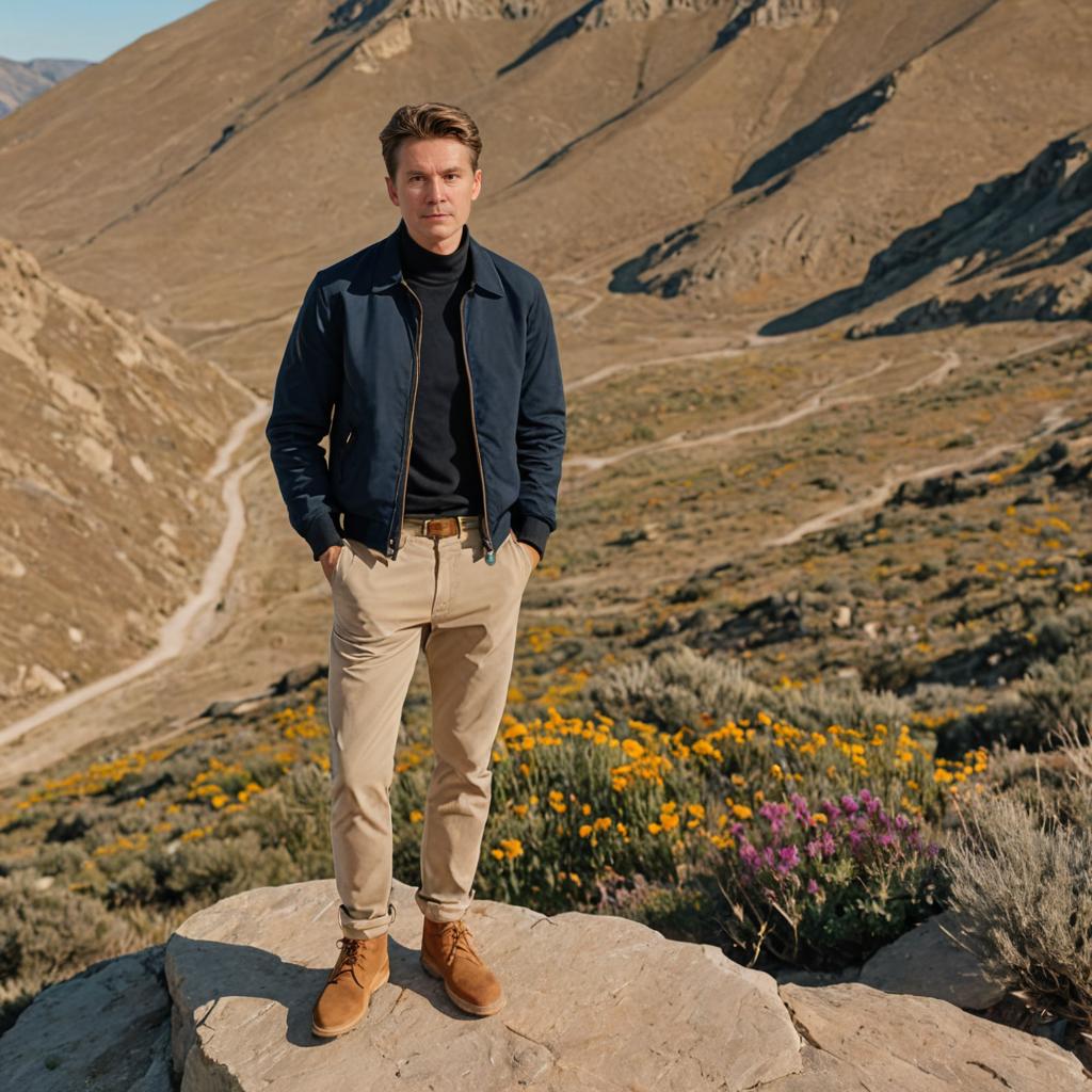 Man on Rock with Mountains and Wildflowers