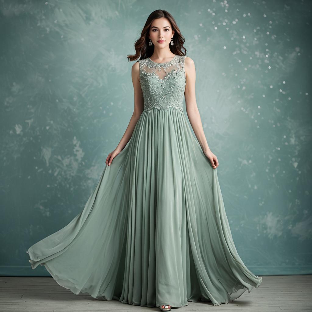 Elegant Woman in Soft Sage Green Sleeveless Gown with Intricate Lace