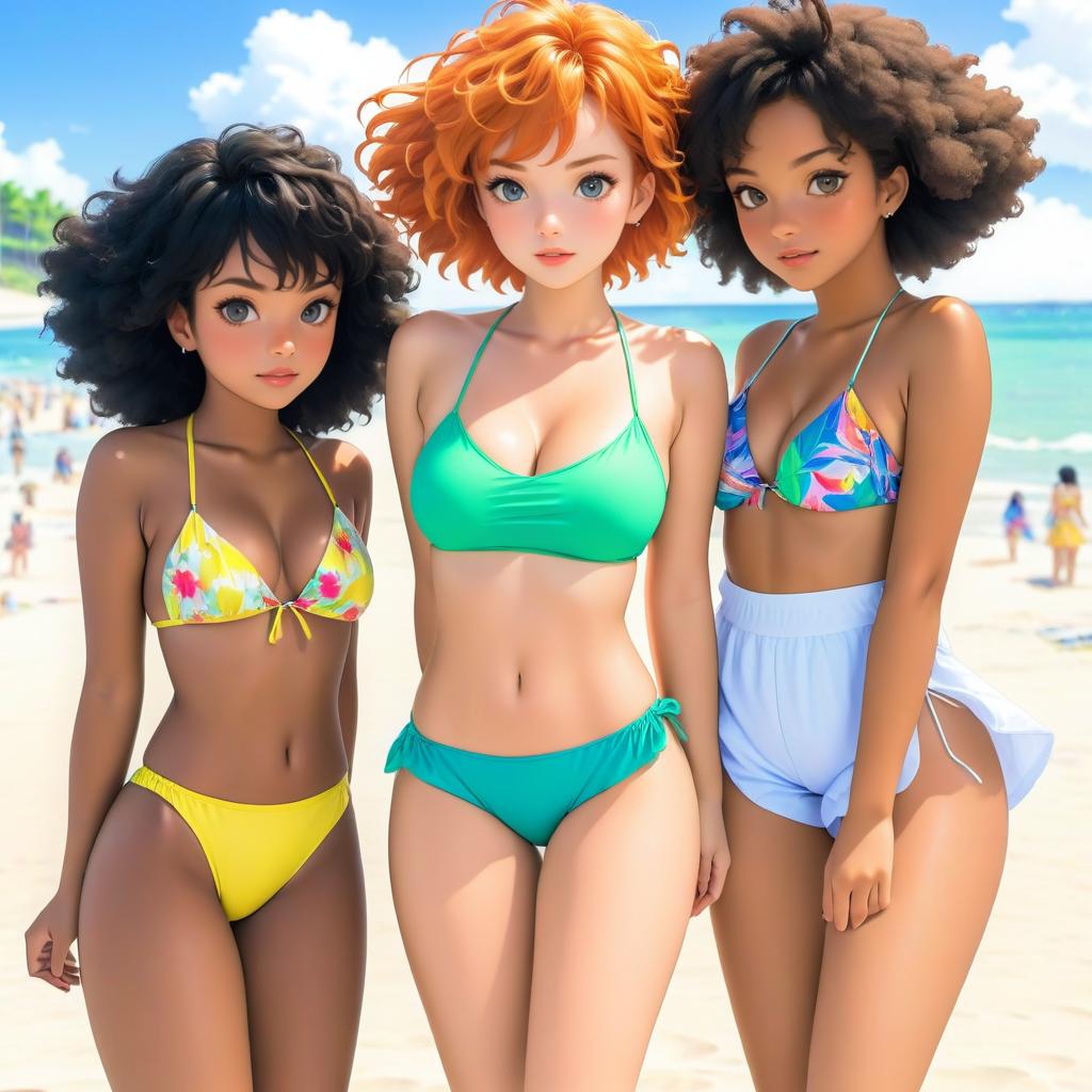 Vibrant Anime Beach Scene with Young Women