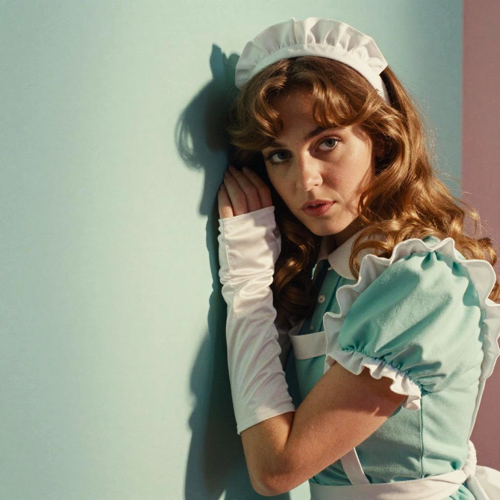Young Woman in Vintage Pastel Blue Maid Uniform Leaning Against Wall