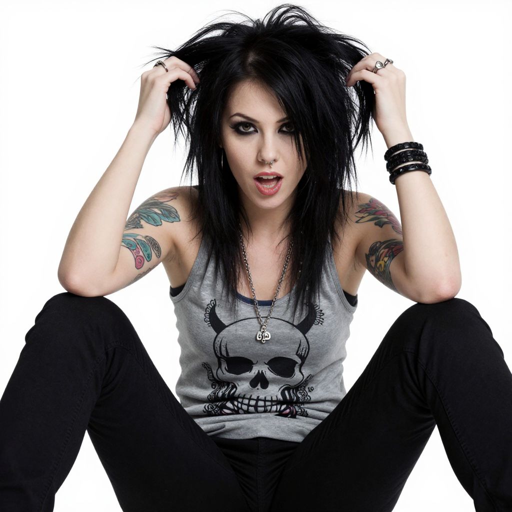Punk Rock Woman with Tattoos and Skull Graphic Tank Top