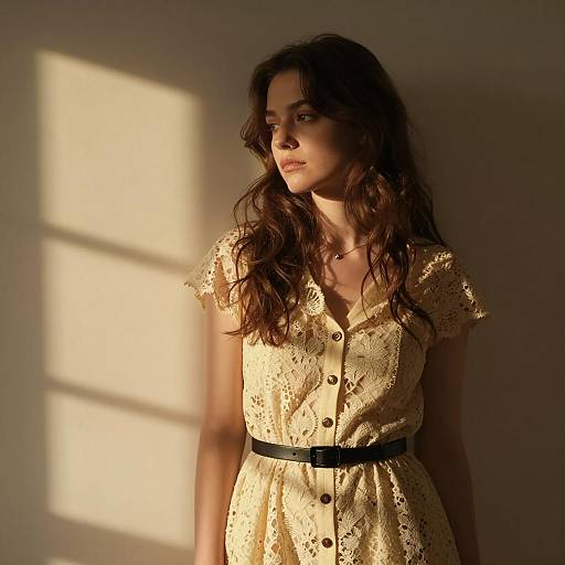 Young Woman in Bohemian Lace Dress with Soft Natural Lighting