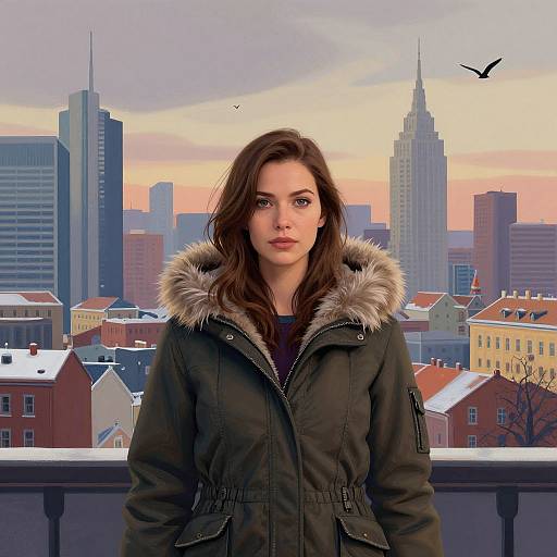 Young Woman in Winter Parka with Urban Sunset City Skyline Background