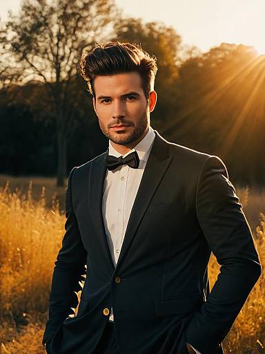 Man in Modern Black Tuxedo Outdoor Portrait Golden Hour