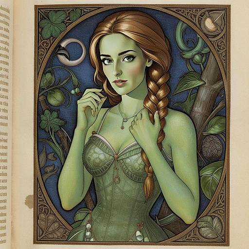 Fantasy Art Nouveau Portrait of a Green-Skinned Woman in Nature-Themed Corset
