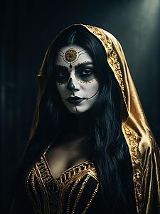 Woman in La Muerte Costume with Dia de los Muertos Makeup Waist Up Portrait