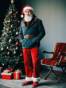 Elderly Man in Modern Santa Claus Outfit by Christmas Tree