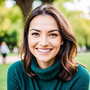 Smiling Woman in Teal Sweater Outdoors