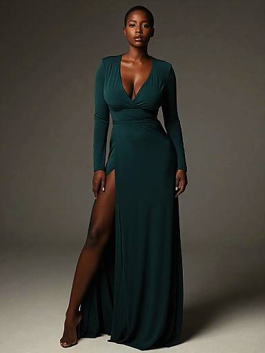 Elegant Woman in Dark Green Evening Gown with High Slit