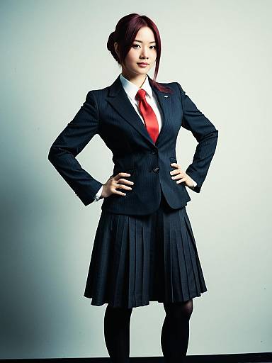 Woman in Formal Business Attire Costume with Red Tie and Pleated Skirt