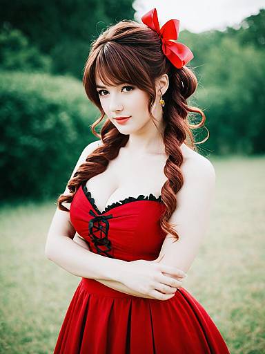 Aerith Gainsborough Cosplay Woman in Red Dress with Hair Bow