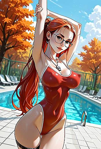 Red-Haired Woman in Red Swimsuit by Autumn Poolside - Anime Art