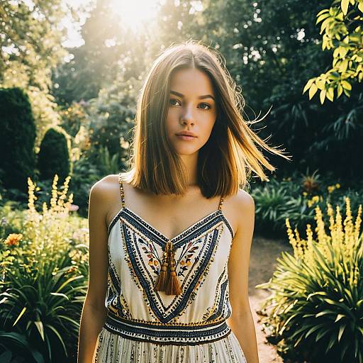 Young Woman in Bohemian Dress in Sunlit Garden