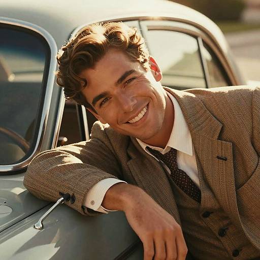 Vintage Style Young Man Leaning on Classic Car