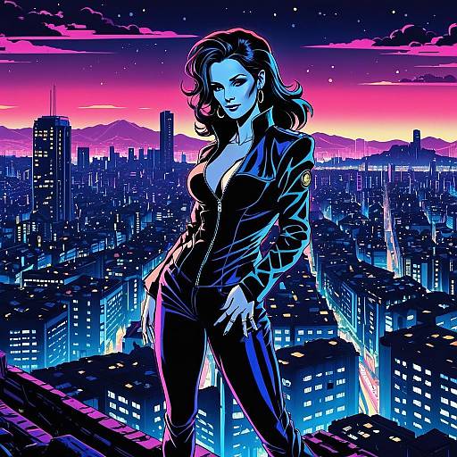 Retro Futuristic Woman in Neon Cityscape at Dusk