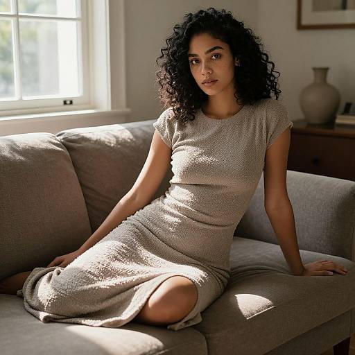 Curly Haired Woman Sitting on Beige Sofa in Minimalist Living Room
