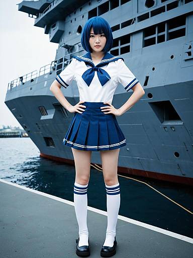 Young Woman in Japanese Sailor Uniform Posing by Naval Destroyer Ship
