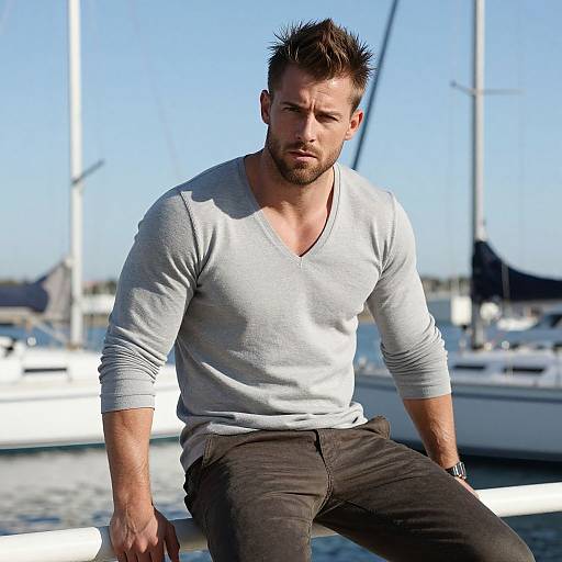 Man Sitting by Marina Wearing Grey V-Neck Sweater
