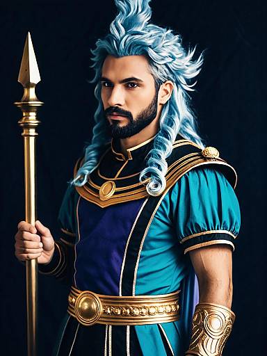 Man Cosplaying Neptune Vasilias with Blue Wig and Golden Armor Costume