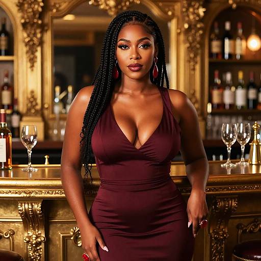 Elegant Woman in Burgundy Dress Standing in Luxurious Bar