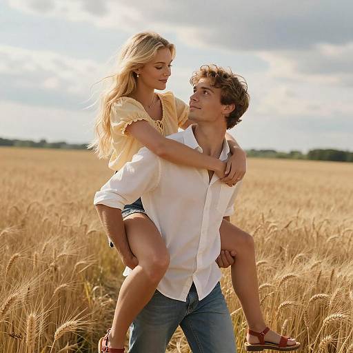 Joyful Young Couple Enjoying Summer in Wheat Field