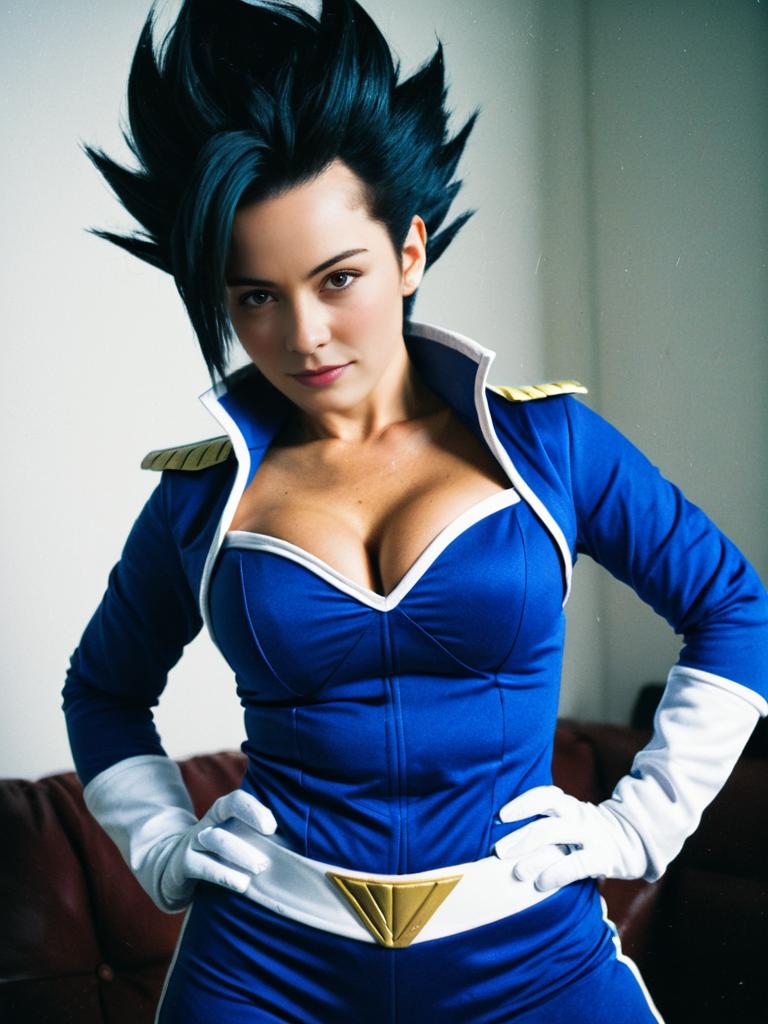 Woman in Blue Vegeta Costume Cosplay Inspired by Dragon Ball Z