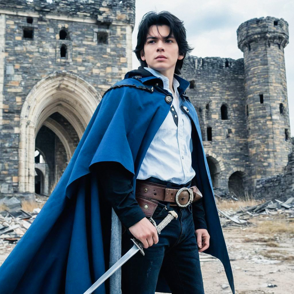Young Man in Medieval Attire with Sword at Castle Ruin