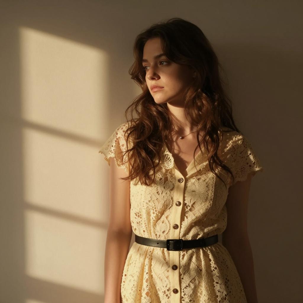 Young Woman in Bohemian Lace Dress with Soft Natural Lighting