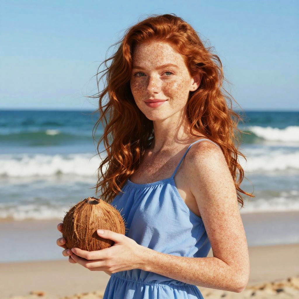 Red-Haired Woman Holding Coconut on Beach in Blue Dress