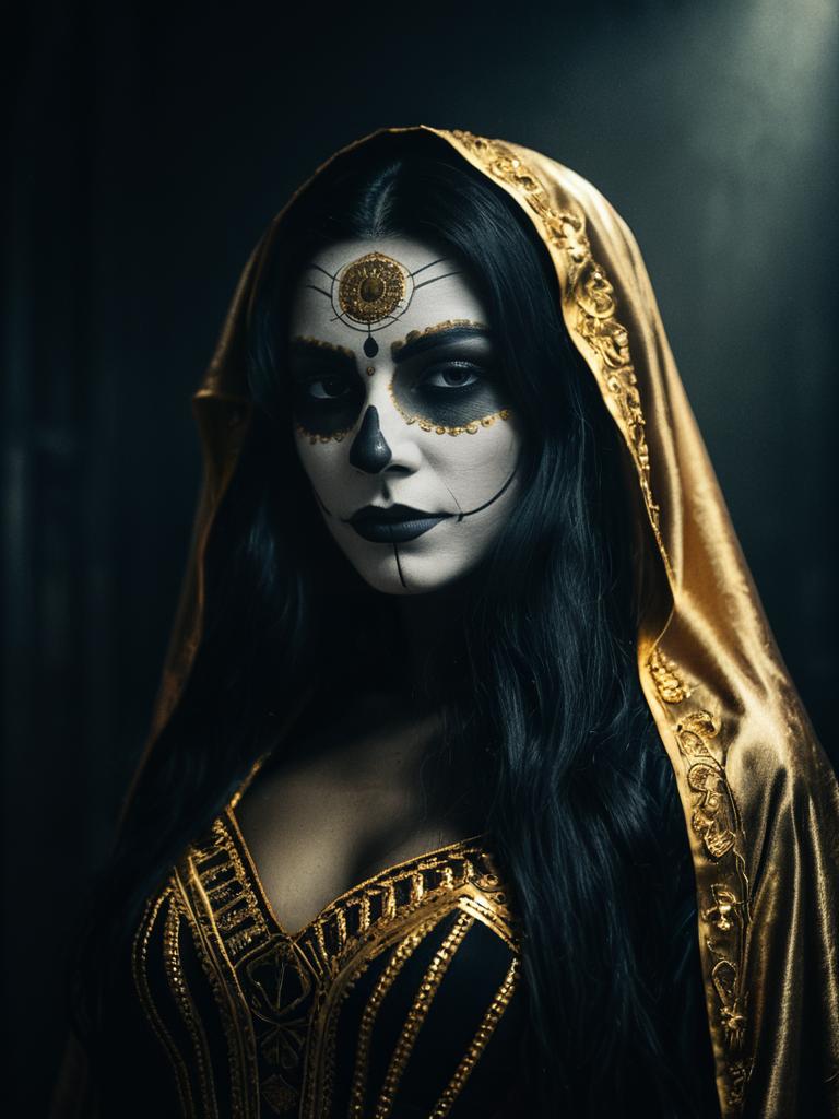 Woman in La Muerte Costume with Dia de los Muertos Makeup Waist Up Portrait