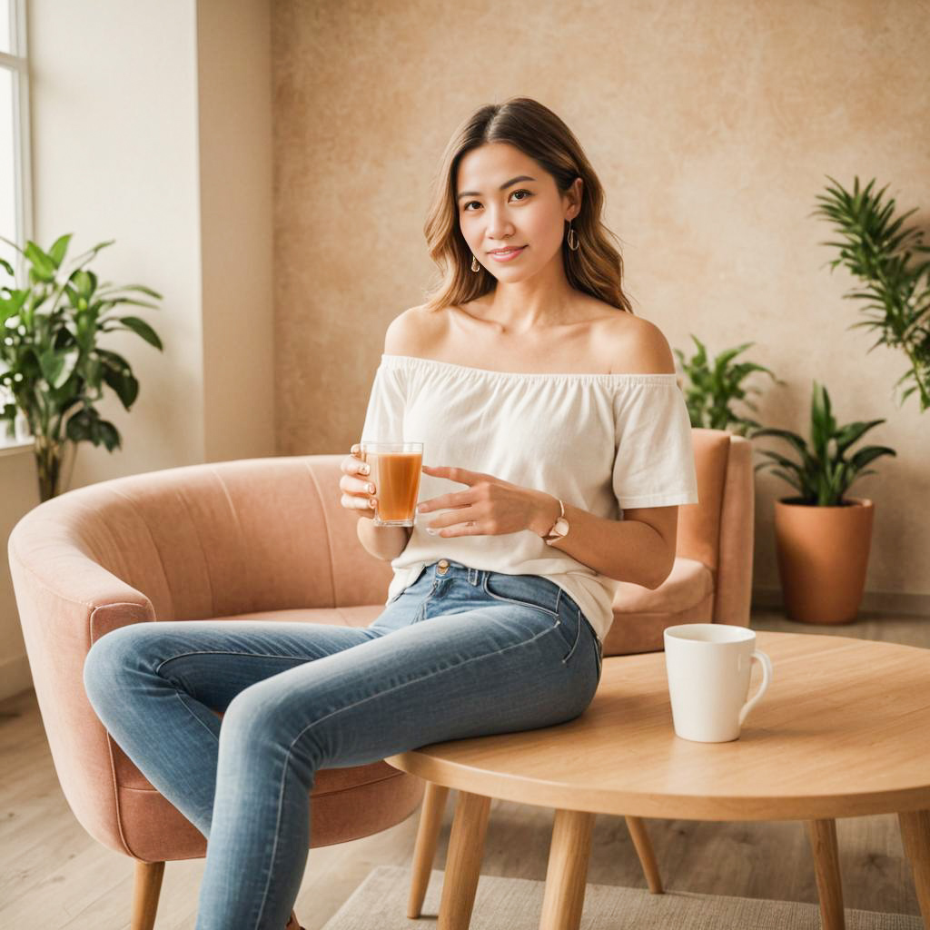 Stylish woman in cozy living space with tea