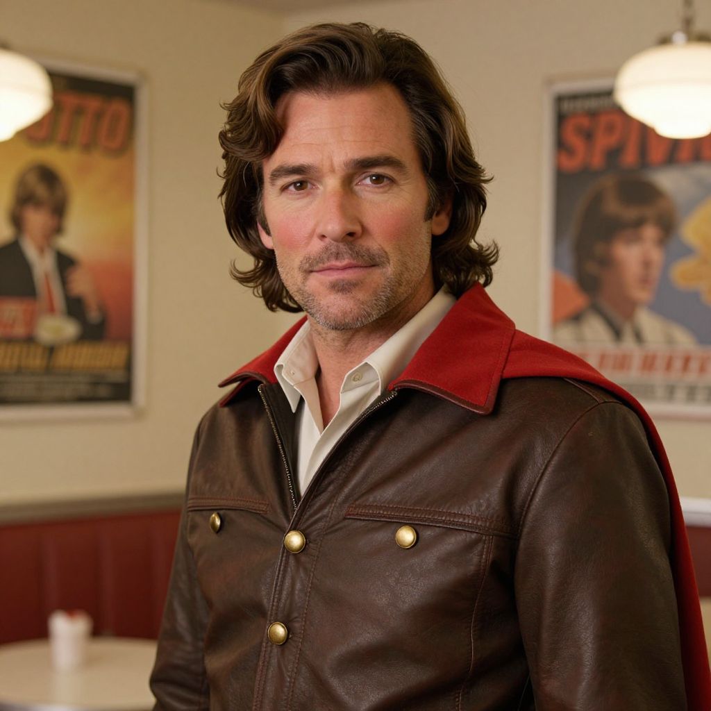 Retro Style Man in Brown Leather Jacket with Red Collar Indoors