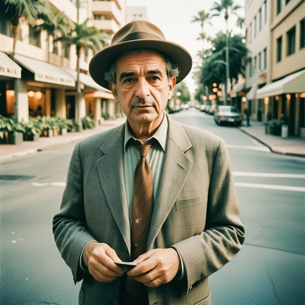 Distinguished Man in Fedora on Palm-Lined Street