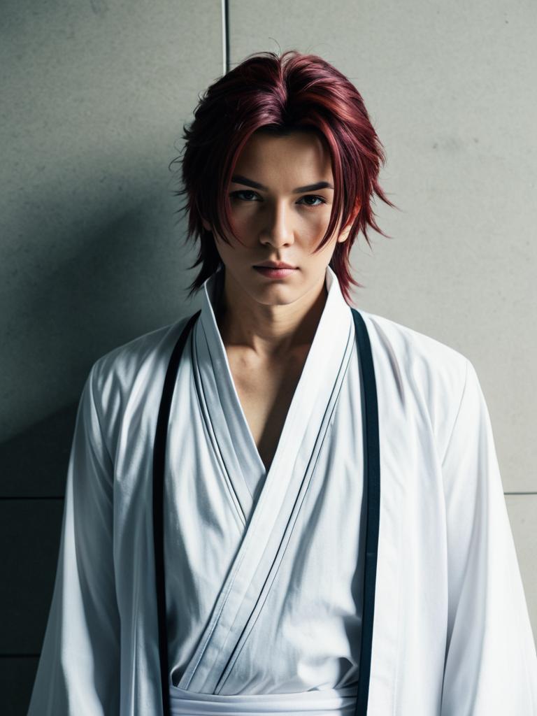Realistic Sosuke Aizen Cosplay Man in White Anime Costume