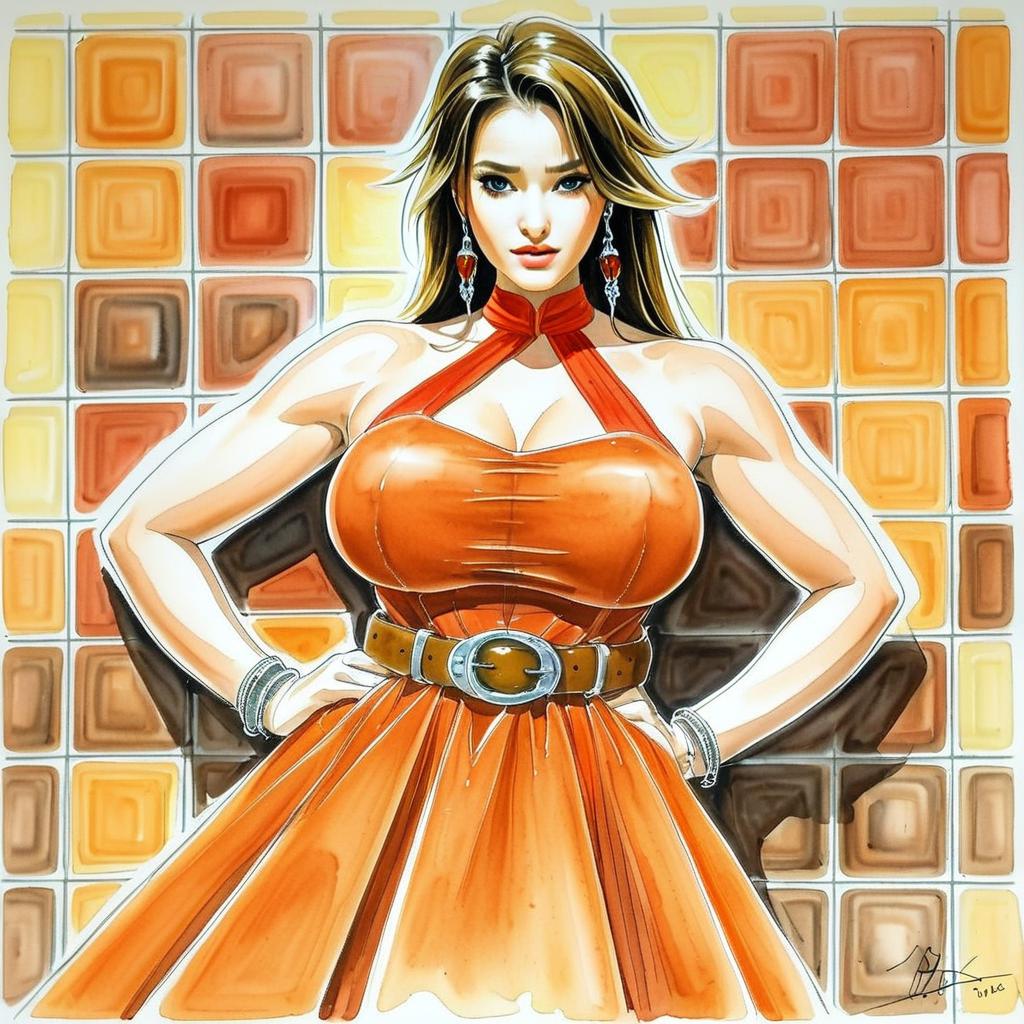 Confident Woman in Orange Dress Against Colorful Wall