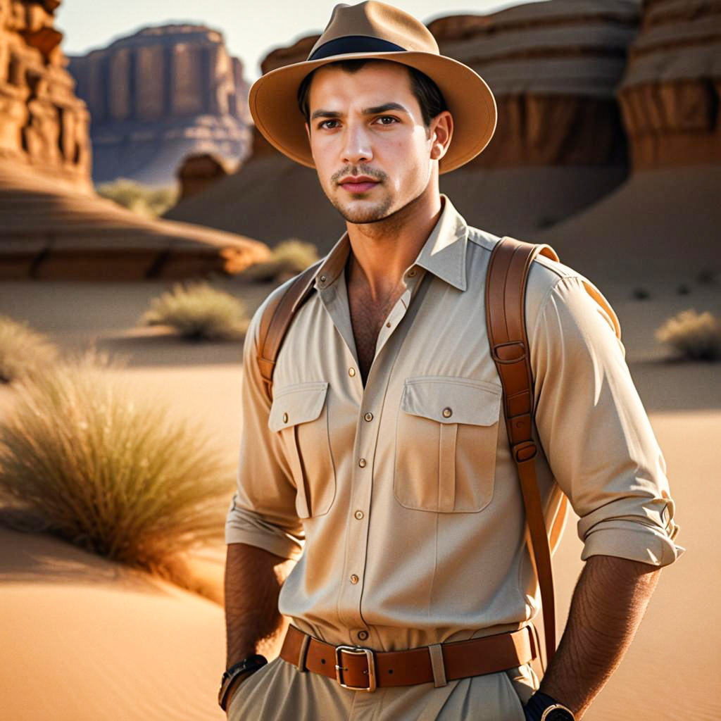 Stylish Man in Safari Outfit in Desert