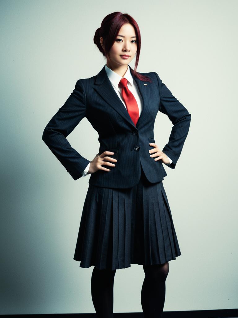 Woman in Formal Business Attire Costume with Red Tie and Pleated Skirt