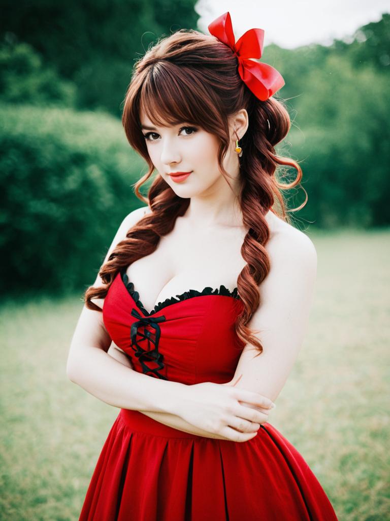 Aerith Gainsborough Cosplay Woman in Red Dress with Hair Bow