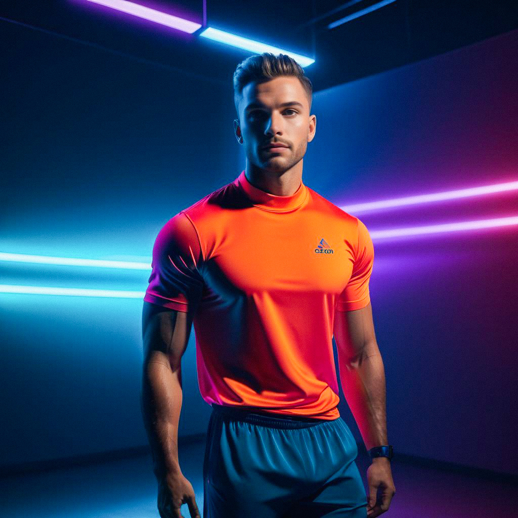 Fit Young Man in Orange Athletic Shirt with Neon Lights