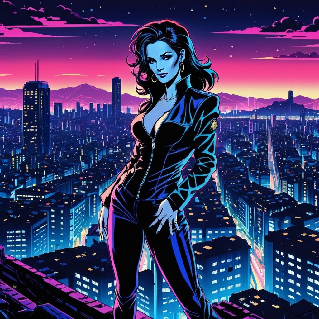 Retro Futuristic Woman in Neon Cityscape at Dusk