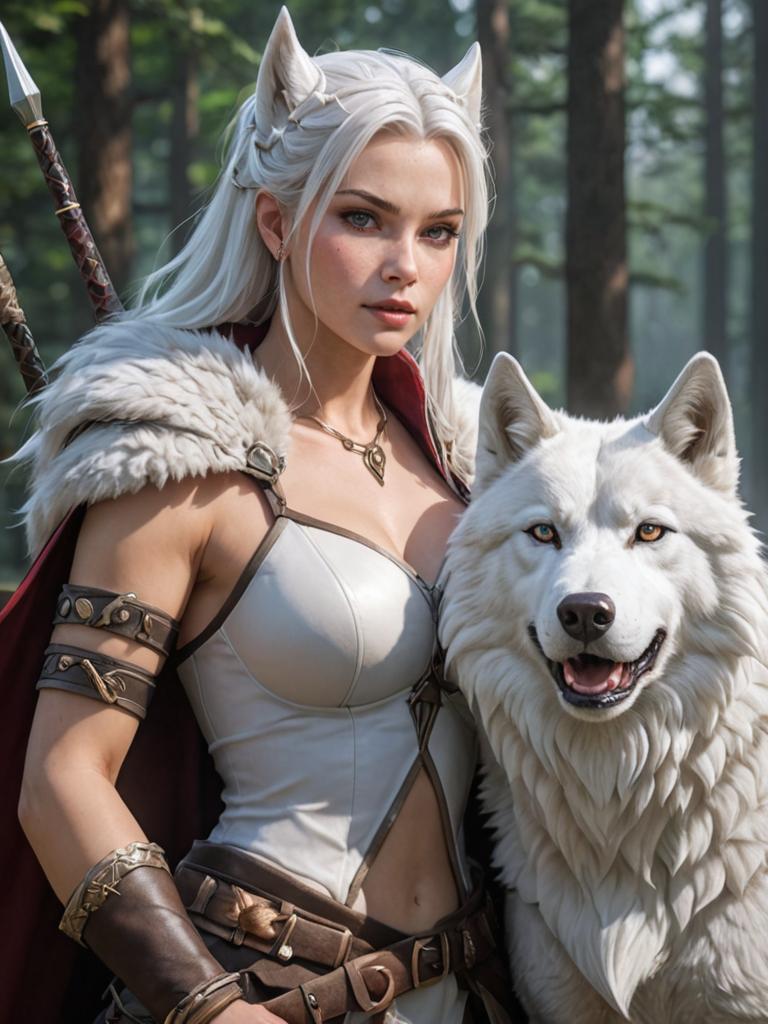 Fierce White-Haired Barbarian with Wolf in Forest