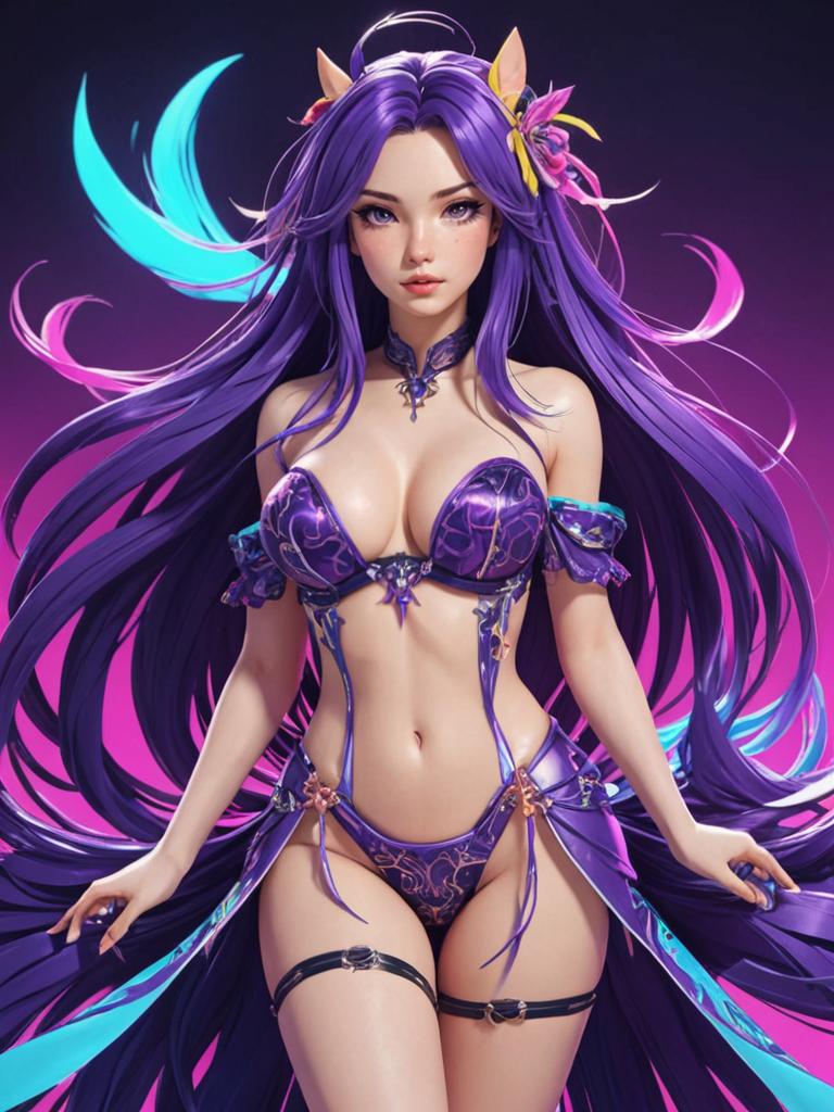 Stylized Woman with Purple Hair and Golden Accessories