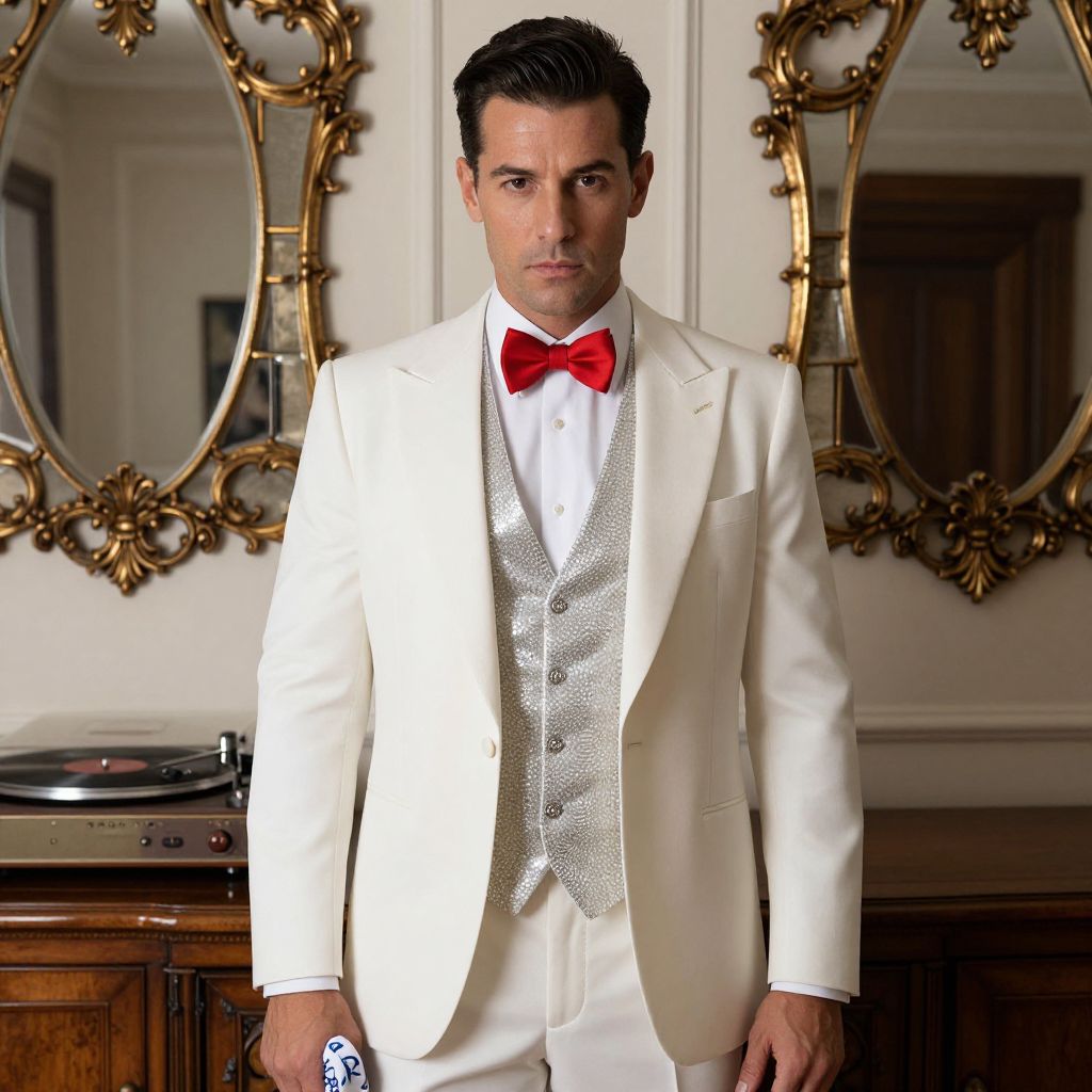 Elegant Man in White Tuxedo with Red Bow Tie in Vintage Setting