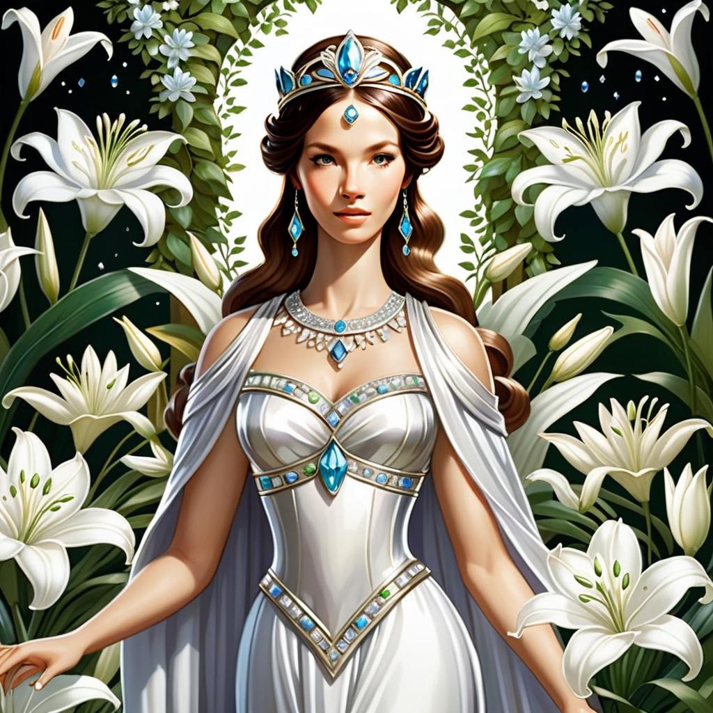 Regal Woman in White Gown Among White Lilies