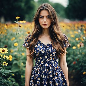 Young Woman in Navy Dress Among Yellow Flowers
